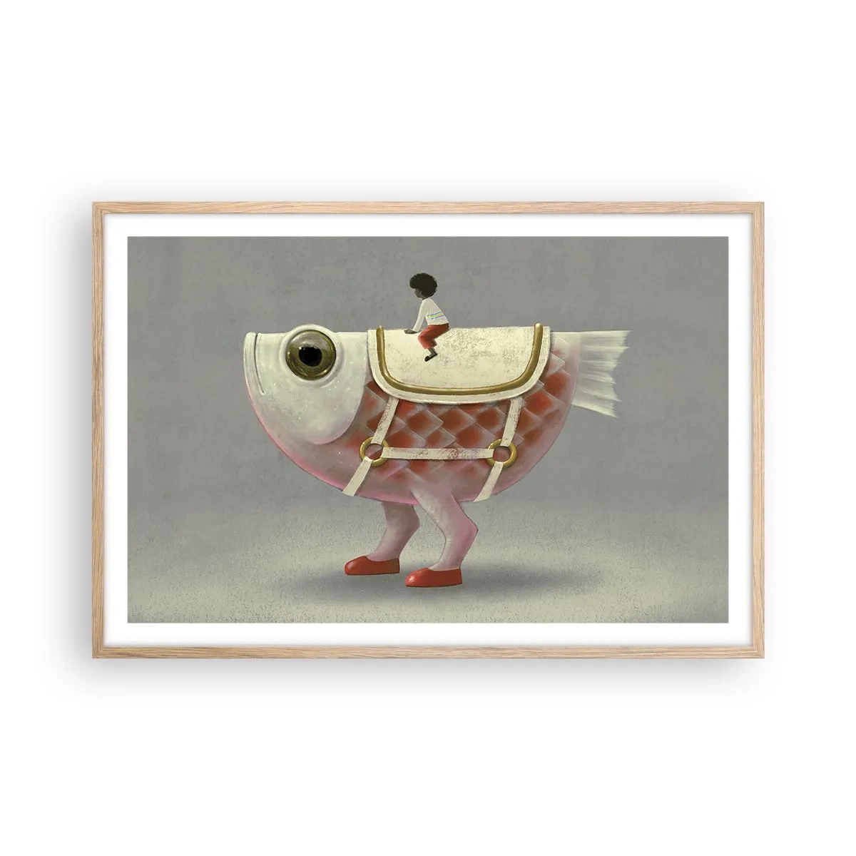Een poster in een licht eiken lijst - Ruiter op een surrealistische vis - 91x61 cm