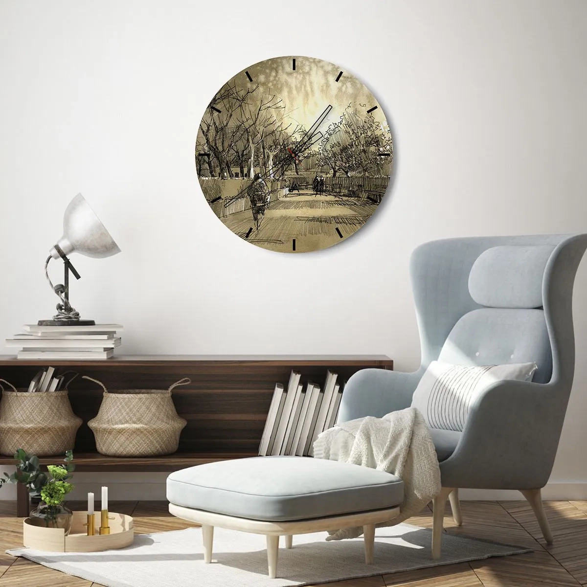 Wandklok - Klok - Schets van een wandeling in een park met paden en bomen - 30x30cm - Een moment gestopt met een veer - Moderne wanddecoratie voor woonkamer, keuken en slaapkamer ARTTOR