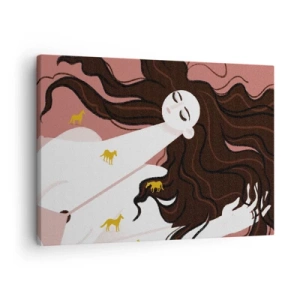 Schilderen op canvas - Een figuur met gesloten ogen omringd door gouden paarden - 70x50cm - Droom over een gouden paard - Moderne wanddecoratie voor woonkamer en slaapkamer ARTTOR