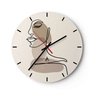 Wandklok - Klok - Een minimalistisch portret van een vrouw in lijntekening met beige stippen. - 30x30cm - Een bepaalde lijn van schoonheid - Moderne wanddecoratie voor woonkamer, keuken en slaapkamer ARTTOR