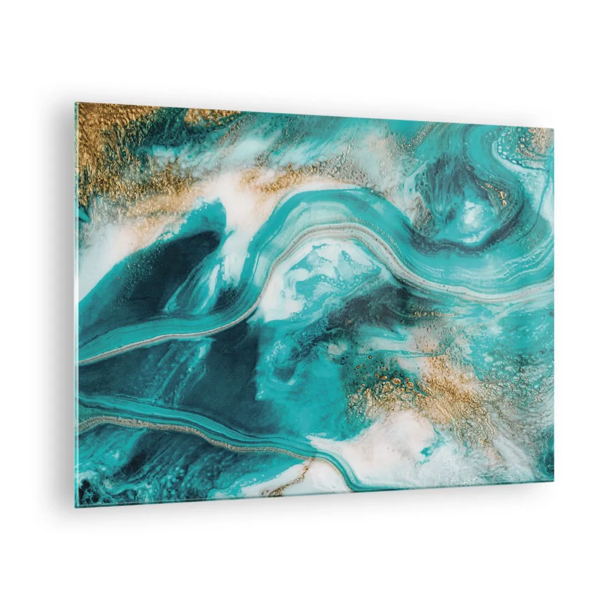 Schilderen op glas - Een abstracte compositie in turquoise met gouden accenten. - 70x50cm - De rivier van goud - Moderne wanddecoratie voor woonkamer en slaapkamer ARTTOR