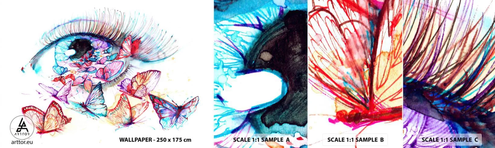 Fotobehang Monster Zelfklevend Deluxe Sticker - Sprookjesachtige ogen charme - Het oog van de vrouw, Vlinder, Abstractie - 100x30 cm