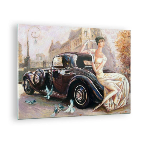 Schilderen op glas - Elegante vrouw bij een retro-auto in een stedelijke omgeving - 70x50cm - Elegantie in retrostijl - Moderne wanddecoratie voor woonkamer en slaapkamer ARTTOR