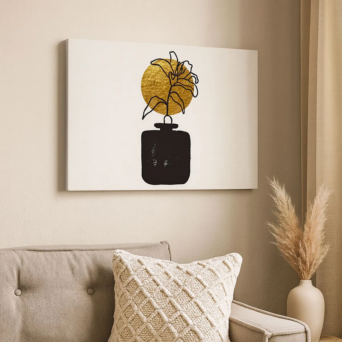 Schilderen op canvas - Een tekening van een bloem in een vaas tegen een gouden cirkelachtergrond - 70x50cm - Schoonheid is goud waard - Moderne wanddecoratie voor woonkamer en slaapkamer ARTTOR