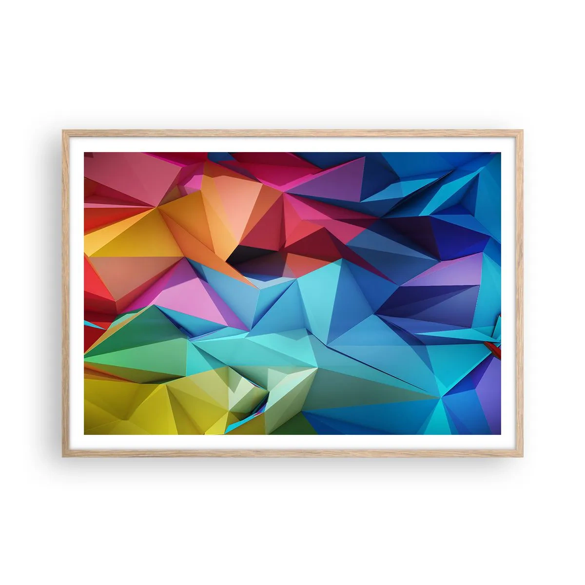 Een poster in een licht eiken lijst - Regenboog origami - 100x70 cm