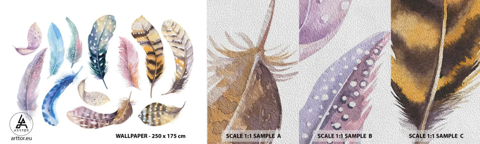 Fotobehang Monster Premium Sand - Licht, bont en veelkleurig - Vogelveren, Vogels, Grafisch - 100x30 cm