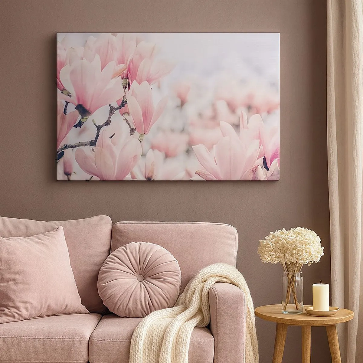 Schilderen op canvas - Subtiele magnoliabloemen in delicate roze tinten - 70x50cm - Het ideaal van subtiliteit - Moderne wanddecoratie voor woonkamer en slaapkamer ARTTOR