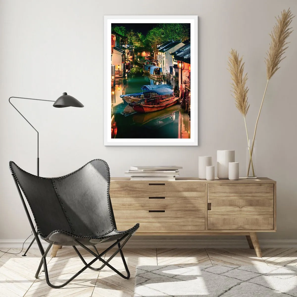Poster in een witte lijst - Een avond op een Chinese straat - 40x50 cm