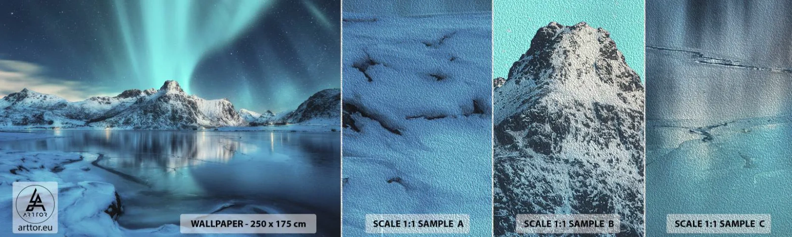 Fotobehang Monster Premium Sand - lichtnacht - Noorderlicht, Noorwegen, Landschap - 100x30 cm