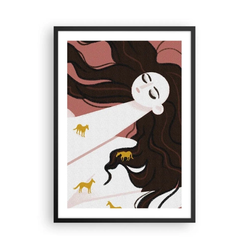Poster in een zwarte lijst - Een dromerige vrouw met lang haar en gouden paarden - 50x70cm - Droom over een gouden paard - Moderne wanddecoratie voor woonkamer en slaapkamer ARTTOR