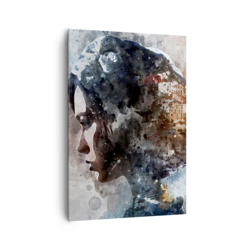 Schilderen op canvas - Een verhaal over een meisje met een stad op de achtergrond - 70x100 cm