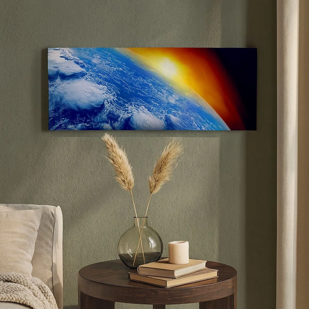 Schilderen op canvas - Zonsopgang boven de blauwe planeet - 100x40 cm