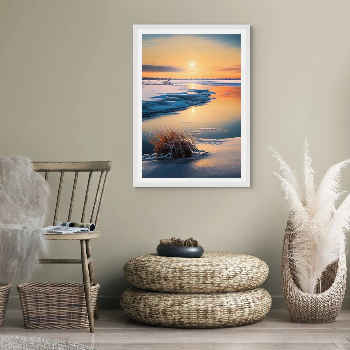 Poster in een witte lijst - Winterse zonsondergang - 70x100 cm