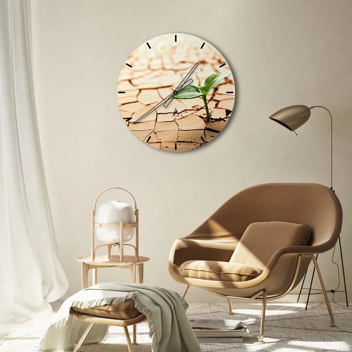 Wandklok - Klok - Een groene scheut die uit droge aarde groeit - 30x30cm - De ontembare kracht van het leven - Moderne wanddecoratie voor woonkamer, keuken en slaapkamer ARTTOR