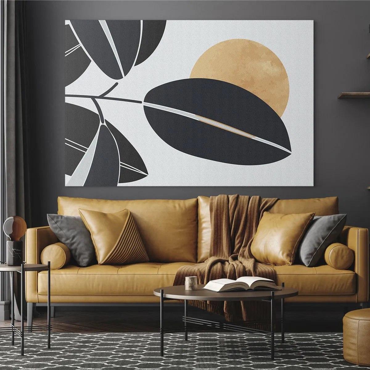 Schilderen op glas - Gestileerde bladeren in zwart met een oranje zon op de achtergrond - 70x50cm - Hete zomerdag - Moderne wanddecoratie voor woonkamer en slaapkamer ARTTOR
