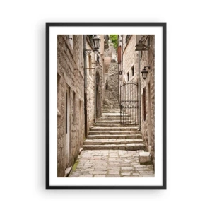 Poster in een zwarte lijst - Een stenen straat met historische trappen en lantaarns - 50x70cm - Een magisch oud steegje - Moderne wanddecoratie voor woonkamer en slaapkamer ARTTOR