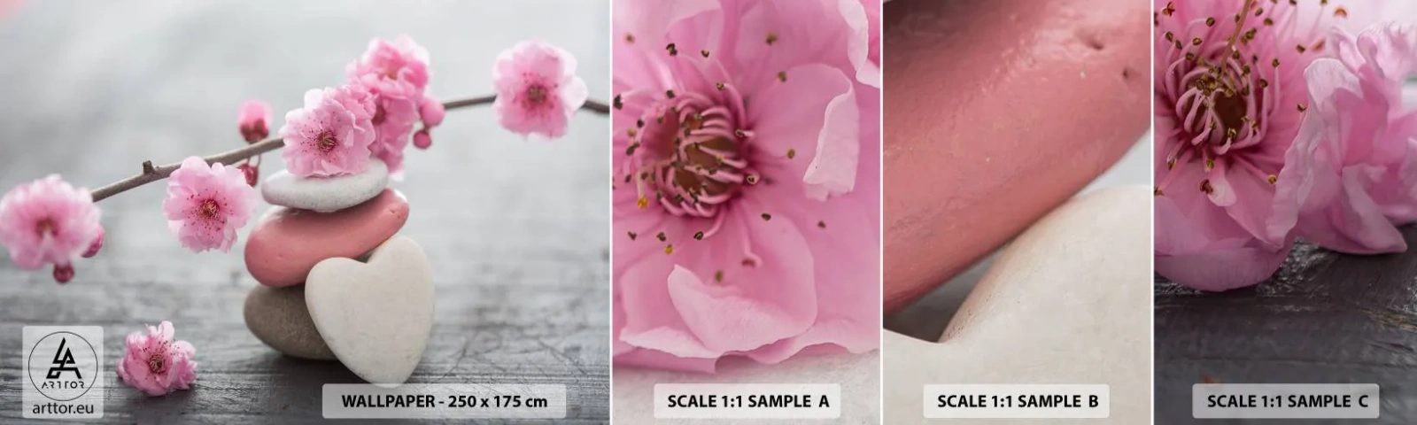 Fotobehang Staaltje Standard Eco - Gelukzaligheid met een kersenbloesem - Hart, Bloem, Stenen - 100x30 cm