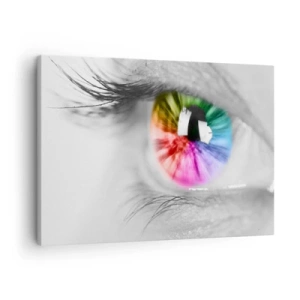 Schilderen op canvas - Artistieke foto van een oog met een regenboogiris op een grijze achtergrond - 70x50cm - Kijk naar de wereld in kleuren - Moderne wanddecoratie voor woonkamer en slaapkamer ARTTOR