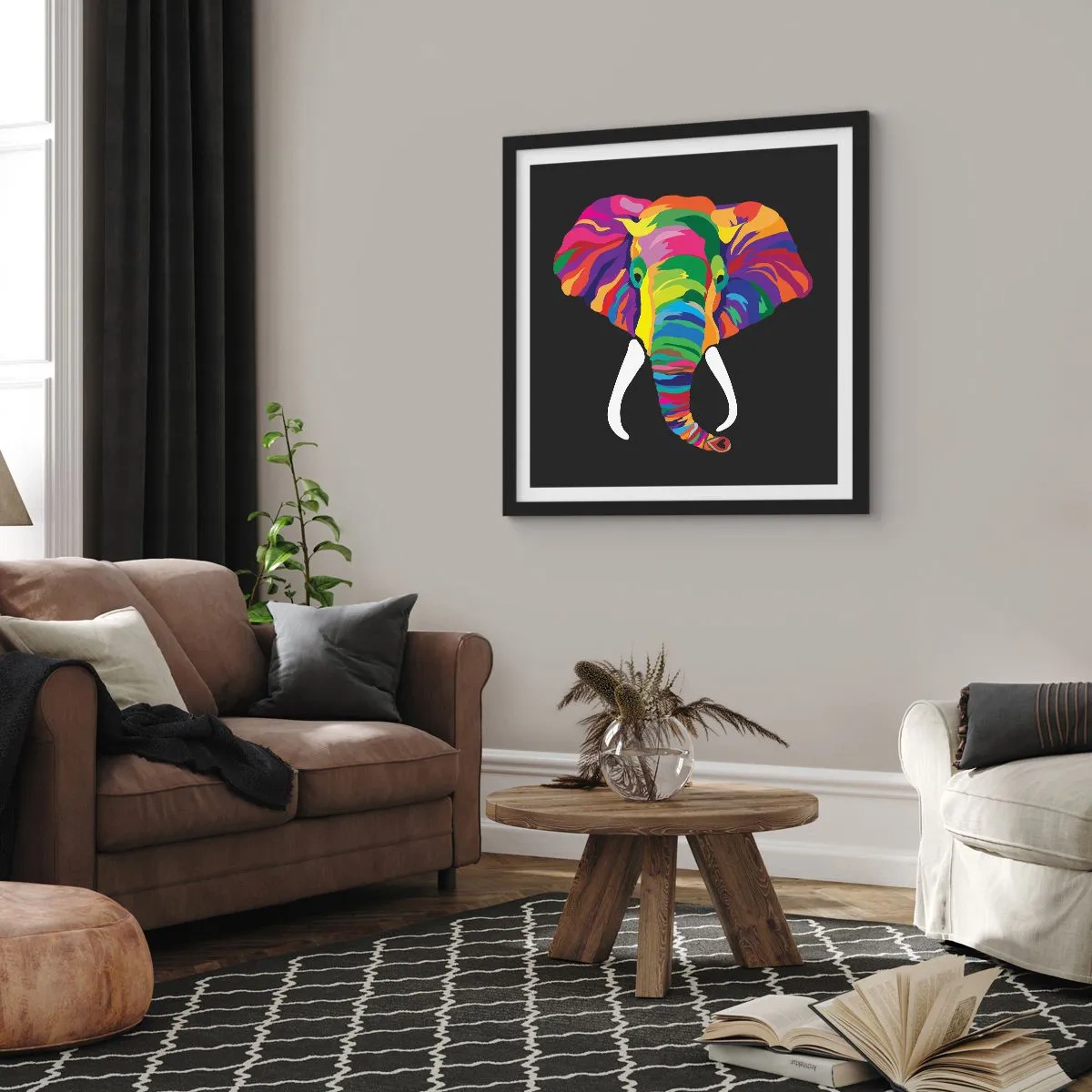 Poster in een zwarte lijst - De olifant die ervan hield om in de regenboog te baden - 60x60 cm