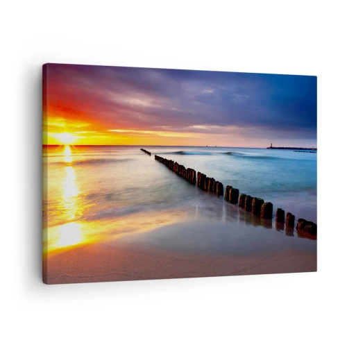 Schilderen op canvas - Zonsondergang boven de zee met een golfbreker op de voorgrond - 70x50cm - Luister naar de stilte - Moderne wanddecoratie voor woonkamer en slaapkamer ARTTOR