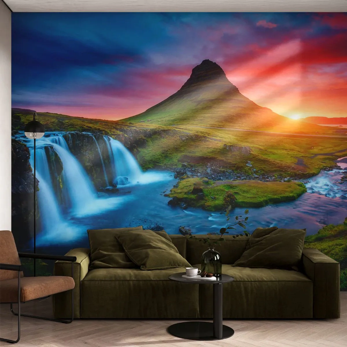 Fotobehang Premium Canvas - IJsland - vuur en water - Landschap, IJsland, Kirkjufellsfoss - 250x175 cm