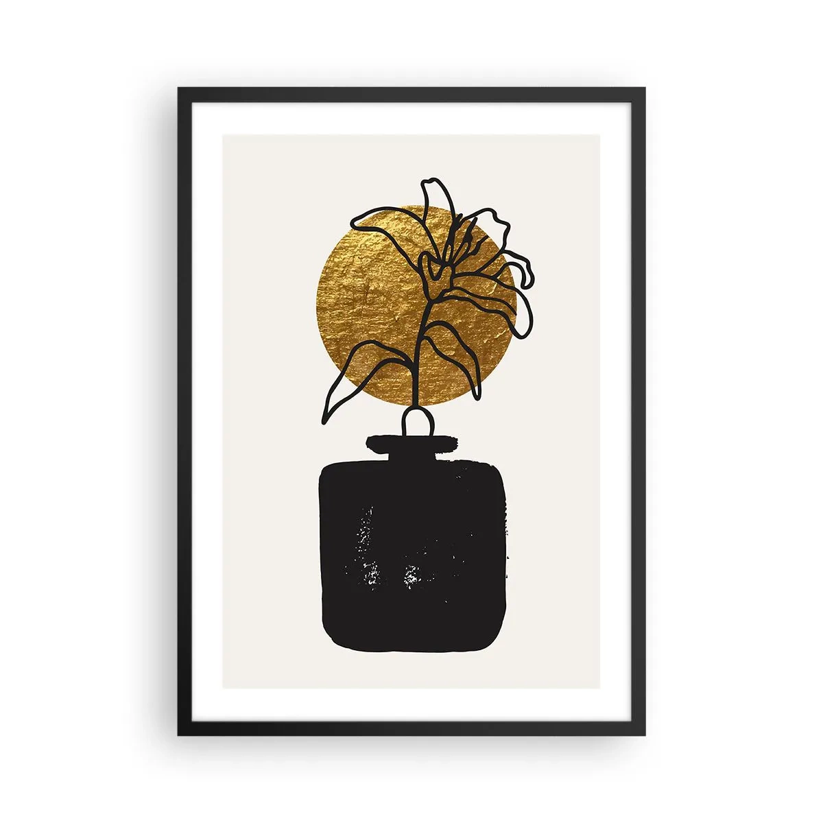 Poster in een zwarte lijst - Abstracte compositie met een bloem en een gouden cirkel - 50x70cm - Schoonheid is goud waard - Moderne wanddecoratie voor woonkamer en slaapkamer ARTTOR