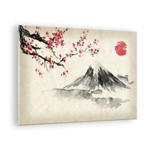 Schilderen op glas - Japanse aquarel van een berg en een bloeiende tak - 70x50cm - Houd van Japan - Moderne wanddecoratie voor woonkamer en slaapkamer ARTTOR