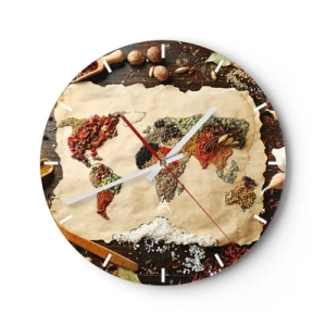 Wandklok - Klok - Wereldkaart gemaakt van specerijen op een houten achtergrond - 30x30cm - Alle smaken van de wereld - Moderne wanddecoratie voor woonkamer, keuken en slaapkamer ARTTOR