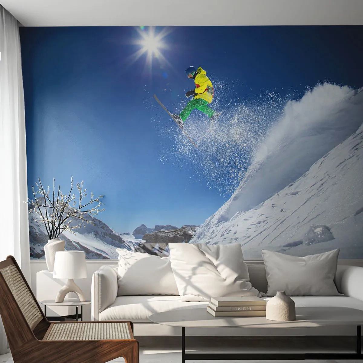 Fotobehang Premium Sand - Dansend met de bergen - Sport, Skiën, Winter - 350x256 cm