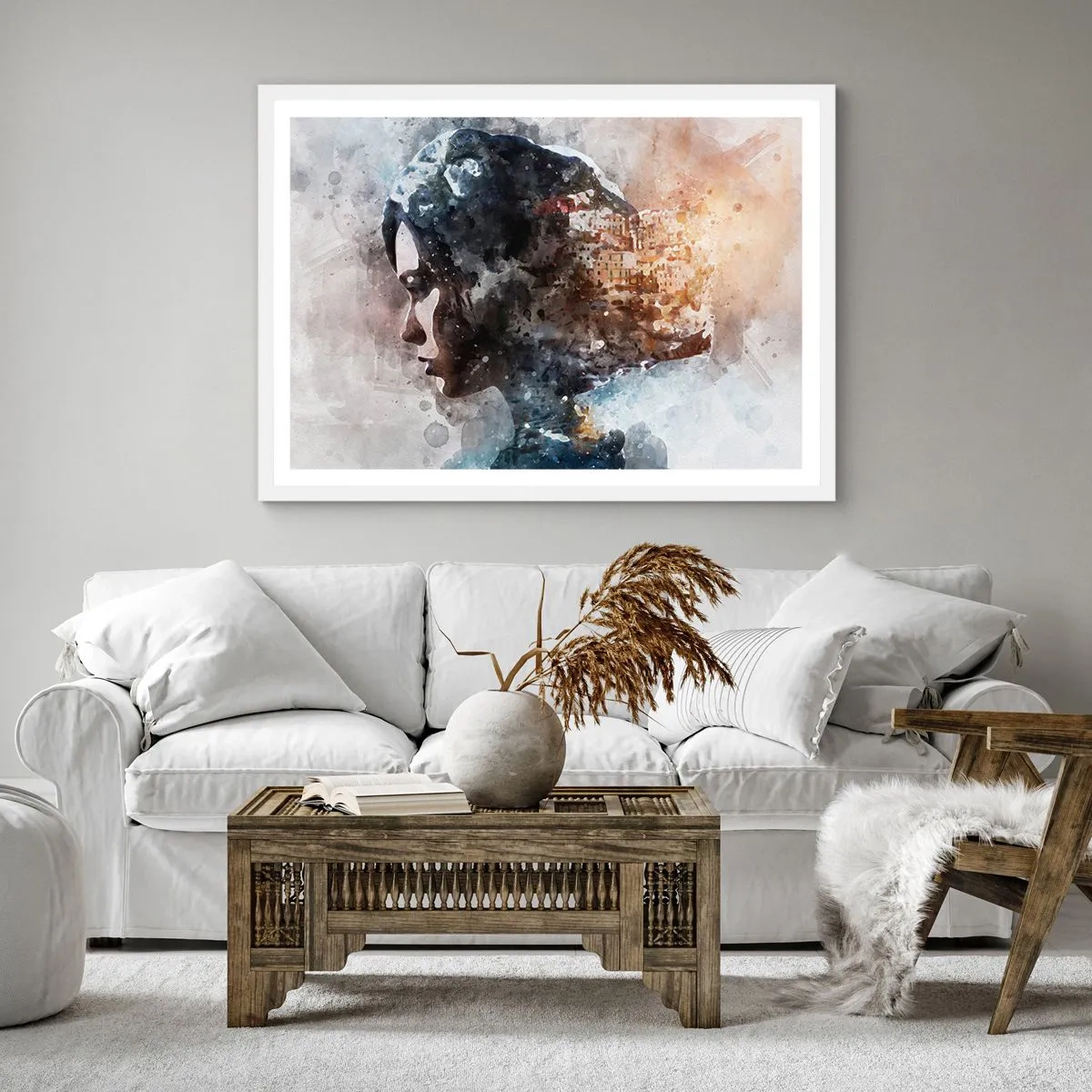 Poster in een witte lijst - Een verhaal over een meisje met een stad op de achtergrond - 30x30 cm