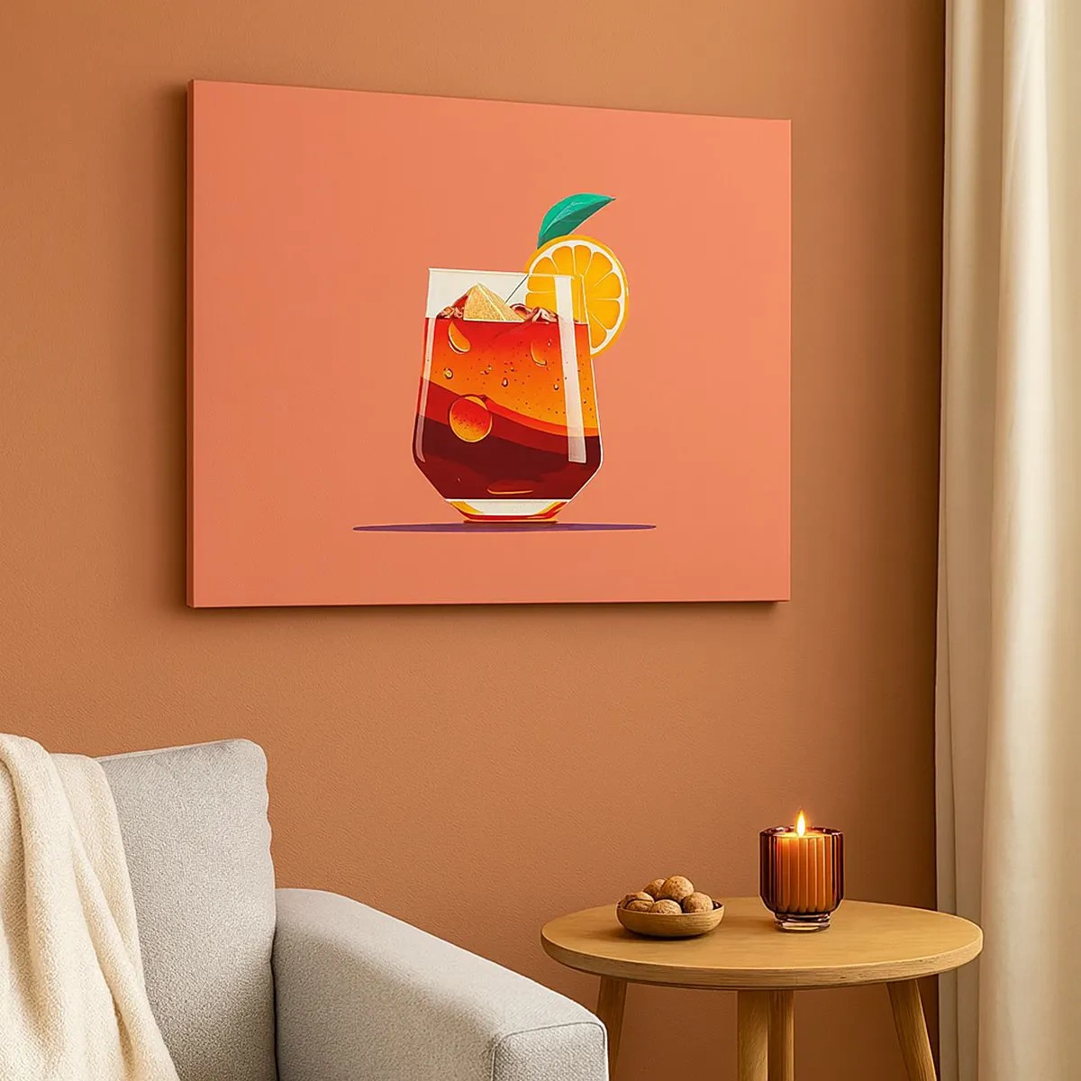 Schilderen op canvas - Een glas drank en een sinaasappelschijfje op een oranje achtergrond - 70x50cm - Zomerse verfrissing - Moderne wanddecoratie voor woonkamer en slaapkamer ARTTOR