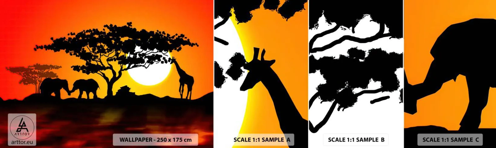 Fotobehang Staaltje Standard Eco - Ontmoeting in de savanne - Dieren, Afrika, Giraffe - 100x30 cm