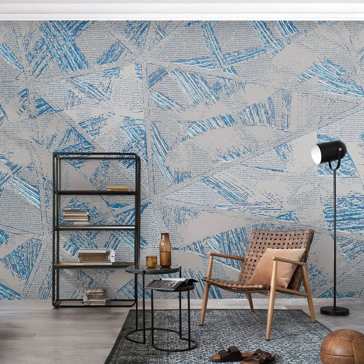 Fotobehang op maat Premium Sand - In een blauwgrijs labyrint - Krabbels, Helder, Chaos