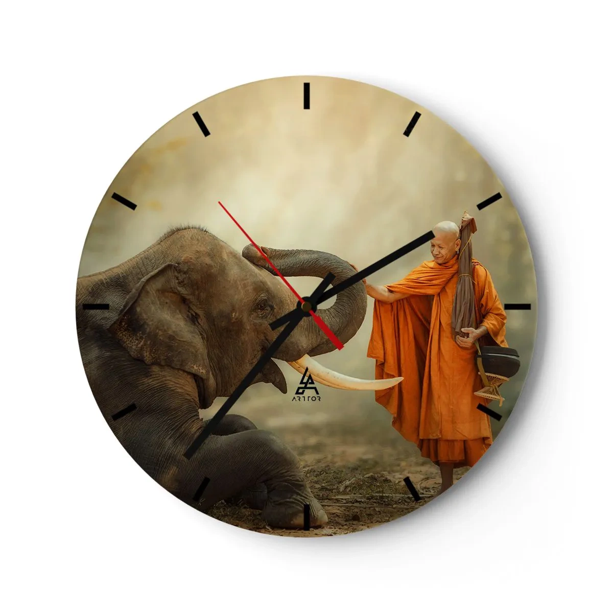 Wandklok - Klok - Een boeddhistische monnik en een olifant in een vredige, natuurlijke omgeving - 30x30cm - Ontmoeting tijdens een reis - Moderne wanddecoratie voor woonkamer, keuken en slaapkamer ARTTOR