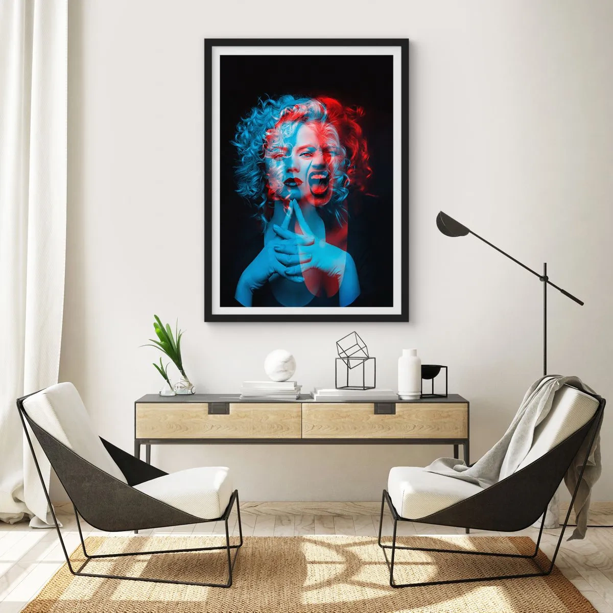 Poster in een zwarte lijst - Artistiek portret van een vrouw met 3D-effecten in rood en blauw. - 50x70cm - Alter ego - Moderne wanddecoratie voor woonkamer en slaapkamer ARTTOR
