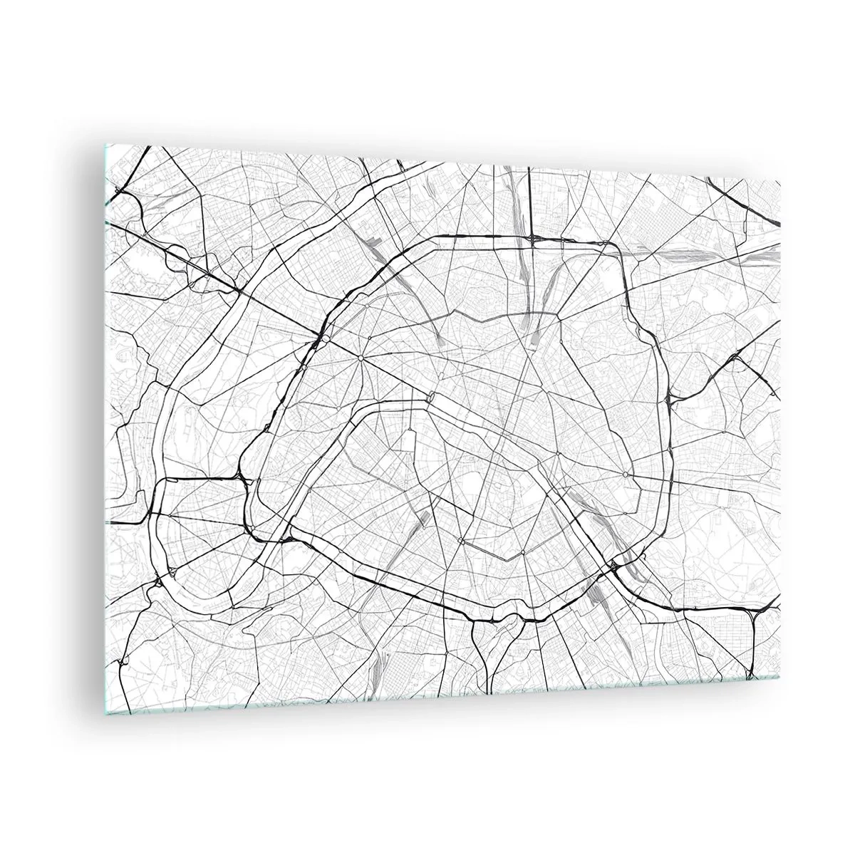 Schilderen op glas - Zwart-wit stadskaart met stratenpatroon en cirkelvormige slagaders - 70x50cm - Parijs bloem - Moderne wanddecoratie voor woonkamer en slaapkamer ARTTOR