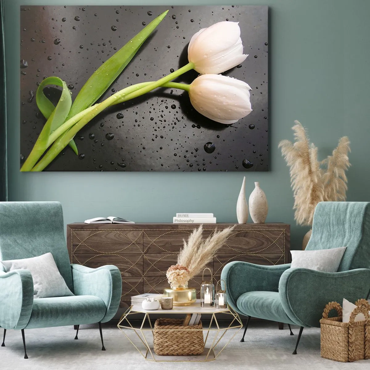 Schilderen op canvas - Witte tulpen op een zwarte achtergrond met waterdruppels - 70x50cm - Lente weefsel - Moderne wanddecoratie voor woonkamer en slaapkamer ARTTOR