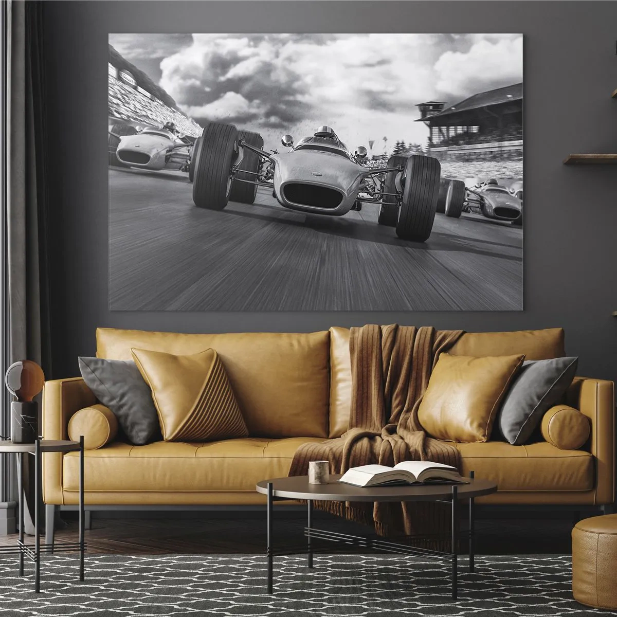Schilderen op glas - Klassieke autorace op een circuit in zwart-wit - 70x50cm - Er is kracht! - Moderne wanddecoratie voor woonkamer en slaapkamer ARTTOR