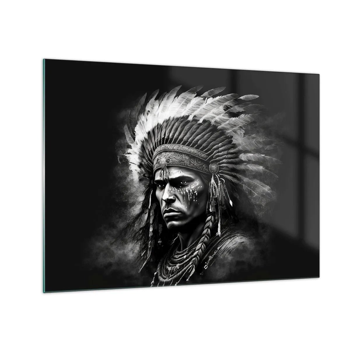 Schilderen op glas - Zwart-witportret van een krijger met een veren hoofdtooi - 70x50cm - Een leider en strijder - Moderne wanddecoratie voor woonkamer en slaapkamer ARTTOR