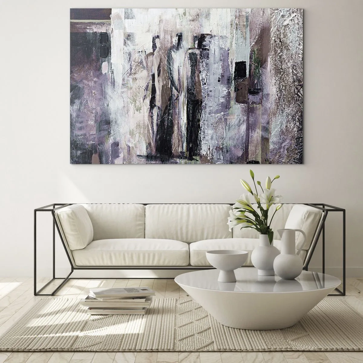 Schilderen op glas - Abstracte silhouetten van figuren tegen een gestructureerde verfachtergrond - 70x50cm - De mysterieuze drie - Moderne wanddecoratie voor woonkamer en slaapkamer ARTTOR