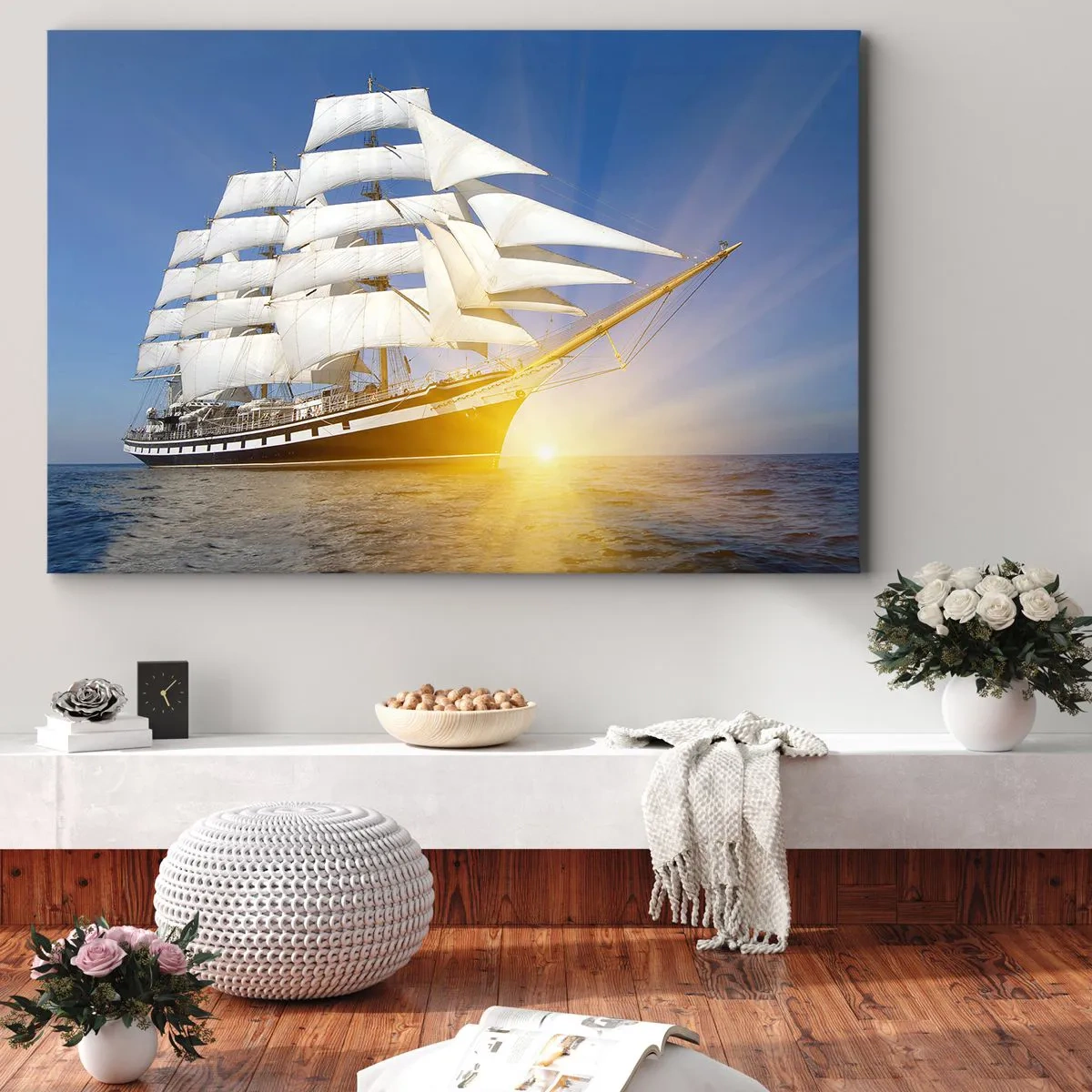 Schilderen op canvas - Een zeilschip op zee in het licht van de ondergaande zon - 70x50cm - Hun tijd gaat nooit voorbij - Moderne wanddecoratie voor woonkamer en slaapkamer ARTTOR