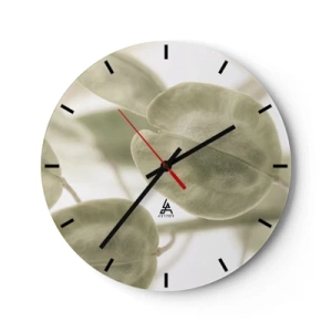Wandklok - Klok - Subtiele pastelgroene bladeren op een lichte achtergrond - 30x30cm - In het begin waren er bladeren... - Moderne wanddecoratie voor woonkamer, keuken en slaapkamer ARTTOR