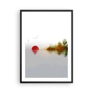 Poster in een zwarte lijst - Een minimalistisch landschap met een rode zon en een meer. - 50x70cm - Een belofte van vrede - Moderne wanddecoratie voor woonkamer en slaapkamer ARTTOR