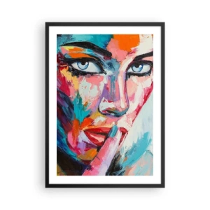 Poster in een zwarte lijst - Kleurrijk portret van een vrouw in expressieve stijl - 50x70cm - Ons eerste geheim - Moderne wanddecoratie voor woonkamer en slaapkamer ARTTOR