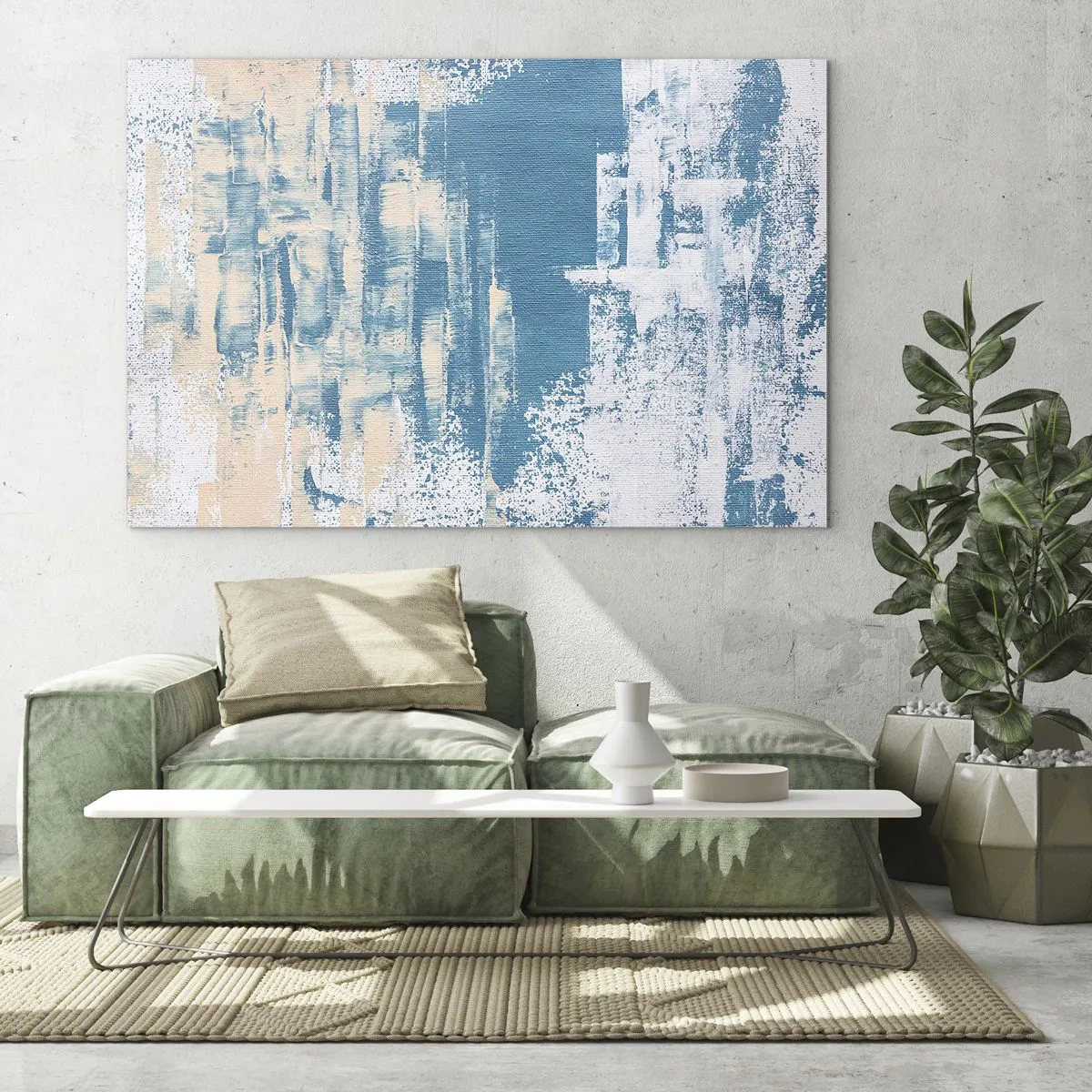 Schilderen op glas - Abstractie in blauw en beige met penseeltextuur - 70x50cm - Door een ijspegel - Moderne wanddecoratie voor woonkamer en slaapkamer ARTTOR