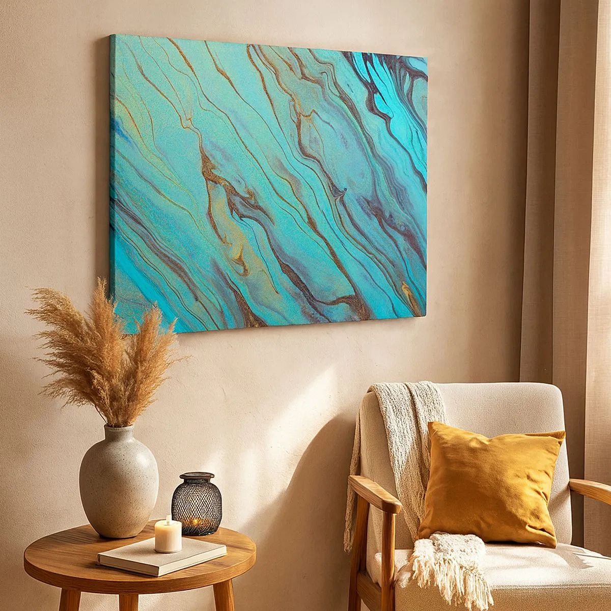 Schilderen op canvas - Abstracte golven in tinten turquoise en goud - 70x50cm - Turquoise vloed - Moderne wanddecoratie voor woonkamer en slaapkamer ARTTOR