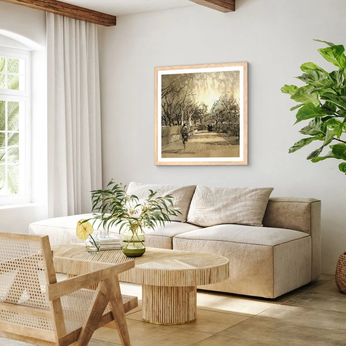 Een poster in een licht eiken lijst - Een moment gestopt met een veer - 50x50 cm