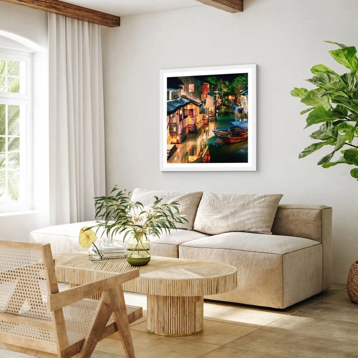 Poster in een witte lijst - Een avond op een Chinese straat - 60x60 cm