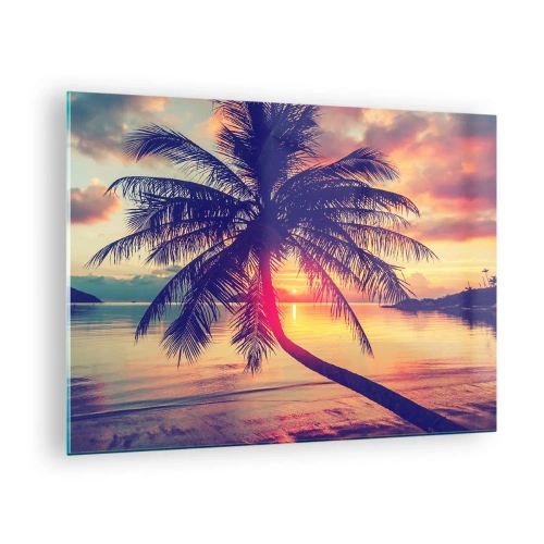 Schilderen op glas - Palmboom bij zonsondergang boven een kalme zee - 70x50cm - Avond onder de palmbomen - Moderne wanddecoratie voor woonkamer en slaapkamer ARTTOR