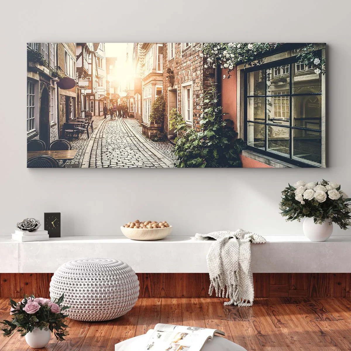 Schilderen op canvas - Rozensteeg in roze gloed - 140x50 cm